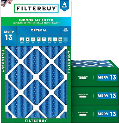 Filterbuy 14x25x4 Air Filter MERV 13 Optimal Smoke & Allergy Defense (4-Pack), Electrostatic Pleated HVAC AC Furnace Filters Replacement, Made in USA (Actual Size: 13.88 x 24.88 x 3.63)
