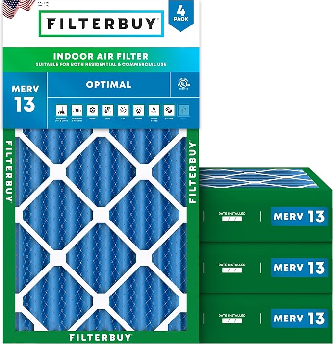 Filterbuy 12x24x4 Air Filter MERV 13 Optimal Smoke & Allergy Defense (4-Pack), Electrostatic Pleated HVAC AC Furnace Filters Replacement, Made in USA (Actual Size: 11.50 x 23.38 x 3.63)