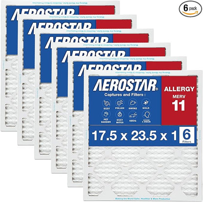 Aerostar 17 1/2x23 1/2x1 MERV 11, Pleated Air Filter, 17 1/2 x 23 1/2 x 1, Box of 6, Made in the USA
