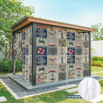 Oceans Outdoor Curtains for Patio Shell Starfish Whales Summer Vintage Waterproof Outside Curtains with Grommet Top Weatherproof Curtain for Cabana Pergola Gazebo, 1 Panel, 54" W x 108" L