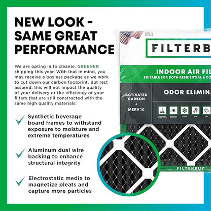 Filterbuy 17x25x1 Air Filter MERV 10 Odor & Allergy Defense with Activated Carbon (3-Pack), Electrostatic Pleated HVAC AC Furnace Filters Replacement, Made in USA (Actual Size: 16.50 x 24.50 x 0.75)