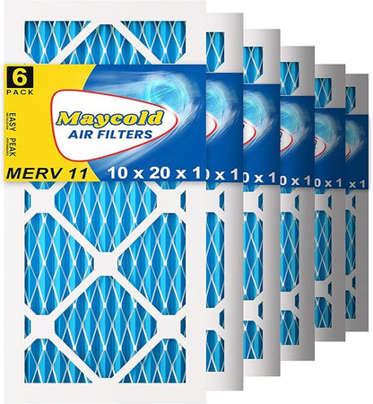 Maycold 10x20x1 MERV 11 Furnace Air Filter (6-Pack), High-Performance HVAC AC Filters for Home Use, Actual Size: 9.70” x 19.70” x 0.75”, Individually Wrapped in Plastic