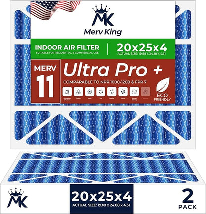 MervKing 20x25x4 Air Filter Actual Size: 19.88" x 24.88" x 4.31" MERV 11 MPR 1000-1200 | MADE IN USA | 2-Pack | Pleated HVAC AC Furnace Replacement