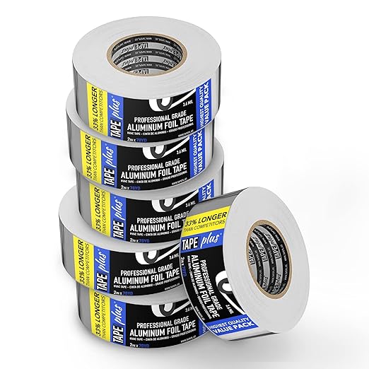 TapePlus Aluminum Foil Tape - Heat Resistant Tape & High Temperature Seal - Thermal Duct Insulation & HVAC Seal - Waterproof Metal Adhesive for Ductwork - Pack of 6, 2 in x 210 ft, Silver