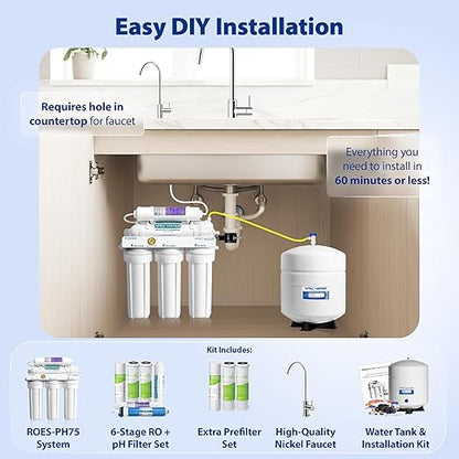 APEC Water Systems ROES-PH75 Essence Series Alkaline Mineral pH+ 75 GPD 6-Stage WQA Certified Ultra Safe Reverse Osmosis Drinking Water Filter System, with Extra High Capacity Pre-Filter Set Stage 1-3