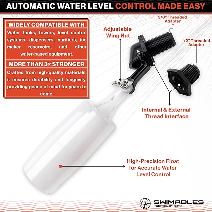 Swimables 3/8" and 1/2" Pool Auto Fill Float Valve Replacement | Includes Adapter From 3/8 Inch to 1/2 Inch | Compatible with Most Water Float Valve For Water Tank and Pool Water Leveler Auto Fill