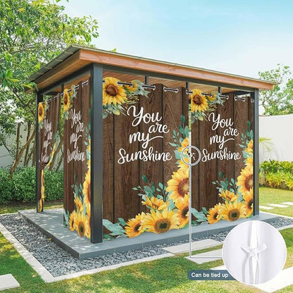 Summer Outdoor Curtains for Patio Sunflowers Eucalyptus Leaves Wood Waterproof Outside Curtains with Grommet Top Weatherproof Curtain for Cabana Pergola Gazebo, 1 Panel, 54" W x 84" L