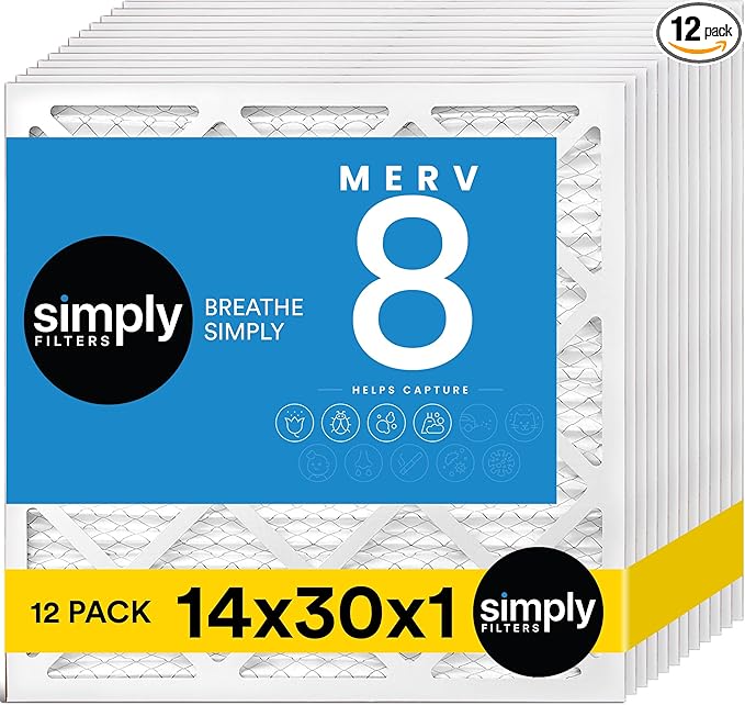 Simply 14x30x1 Air Filter, MERV 8, 12 Pack, For Home AC Furnace & HVAC (Actual Size: 13.75"x29.75"x0.75") DUST, Pet, & Allergy Control
