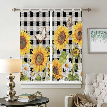 Sunflowers Bedroom Curtains 72 Inch Length, Window Curtains Tab Top, Yellow Flowers Butterfly Farmhouse Black Plaid Light Filtering Window Treatments Drapes 52"x72" 2 Panel