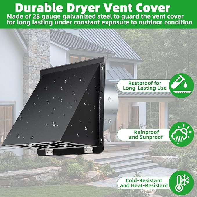 6 Inch Hooded Wall Vent with Mesh and Damper,6'' Exhaust Vent Cover,6in Dryer Vent Cover Outside Metal Wall Exhaust Duct Cap for Kitchen Range Hood/Bathroom Exhaust/Laundry-Galvanized Steel,Black