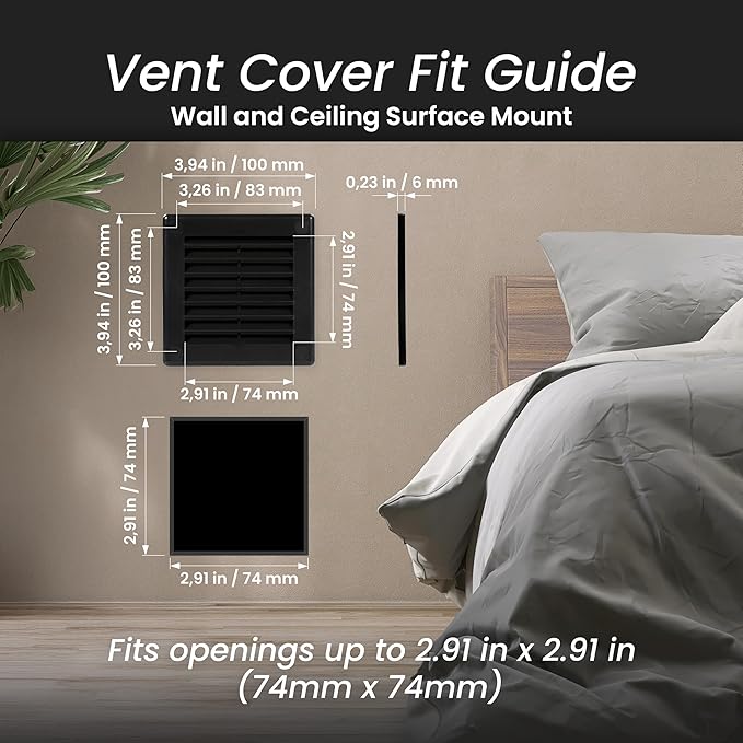 Repa Market 4 x 4 Inch (Outer) Black Square Air Vent Cover - Plastic Fresh Air Intake Vent - AC Cover with Nylon Mesh Screen, Wall, Ceiling HVAC Return Air Register, Modern Soffit Vents