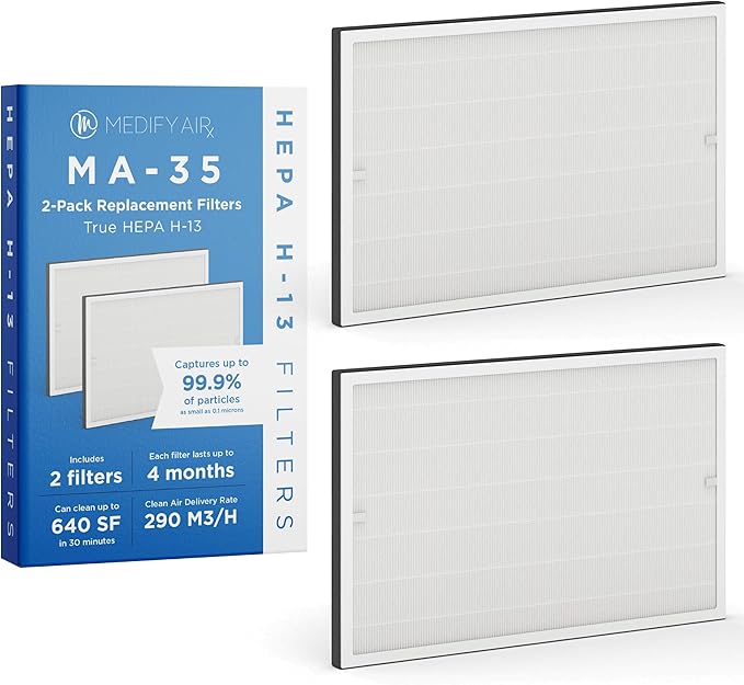Medify MA-35 Genuine Replacement Filter for Allergens, Smoke, Wildfires, Dust, Odors, Pollen, Pet Dander | 3-in-1 with Pre-Filter, True HEPA H13 & Carbon | 0.1 Micron Removal | White, 2-Pack