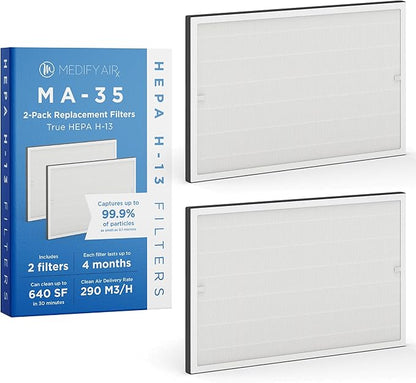 Medify MA-35 Genuine Replacement Filter for Allergens, Smoke, Wildfires, Dust, Odors, Pollen, Pet Dander | 3-in-1 with Pre-Filter, True HEPA H13 & Carbon | 0.1 Micron Removal | White, 2-Pack