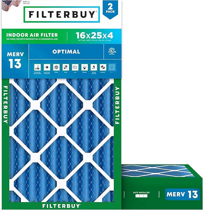 Filterbuy 16x25x4 Air Filter MERV 13 Optimal Smoke & Allergy Defense (2-Pack), Electrostatic Pleated HVAC AC Furnace Filters Replacement, Made in USA (Actual Size: 15.50 x 24.50 x 3.63)