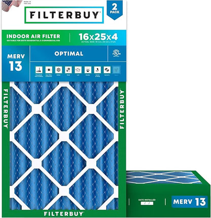 Filterbuy 16x25x4 Air Filter MERV 13 Optimal Smoke & Allergy Defense (2-Pack), Electrostatic Pleated HVAC AC Furnace Filters Replacement, Made in USA (Actual Size: 15.50 x 24.50 x 3.63)