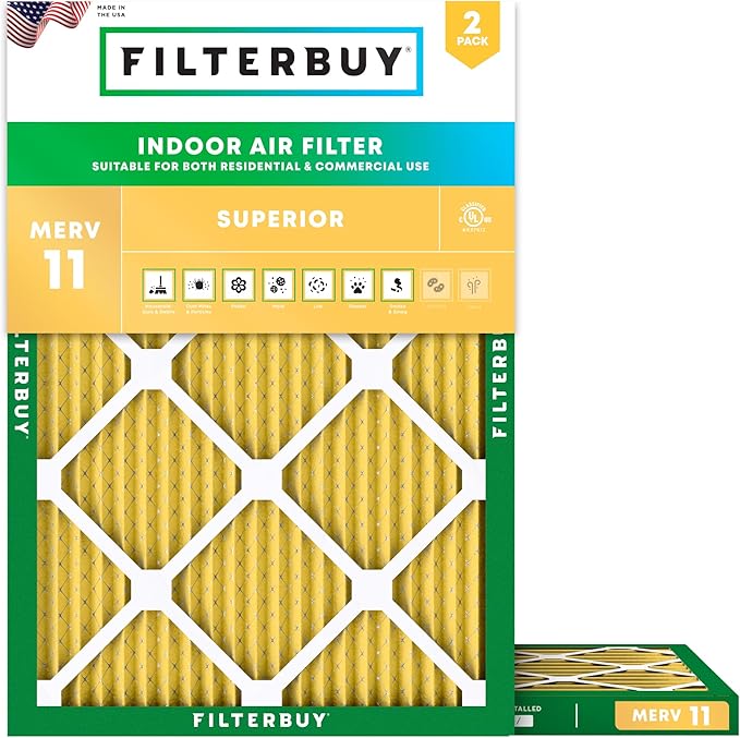 Filterbuy 13x20x1 Air Filter MERV 11 Superior Pet & Allergy Defense (2-Pack), Electrostatic Pleated HVAC AC Furnace Filters Replacement, Made in USA (Actual Size: 12.88 x 19.88 x 0.75)