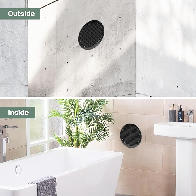 Vent Systems 8" Inch (Opening Dimensions) - Pack of 5 - Black Soffit Vent Cover - Plastic Round Air Vent Grille - Built-in Mesh Screen - HVAC Register Louver for Bathroom, Home, Kitchen