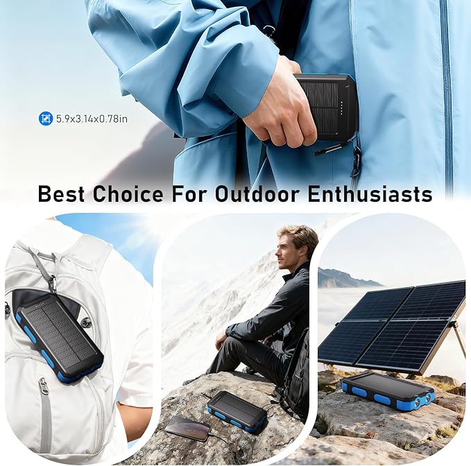 Solar Charger Power Bank 20,000mAh, Portable Charger, 4 Cables 3 Ports Fast Charging External Battery Pack with USB C for Cell Phones, Solar Panel Charger with Dual Flashlight for Camping