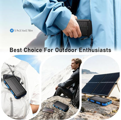 Solar Charger Power Bank 20,000mAh, Portable Charger, 4 Cables 3 Ports Fast Charging External Battery Pack with USB C for Cell Phones, Solar Panel Charger with Dual Flashlight for Camping