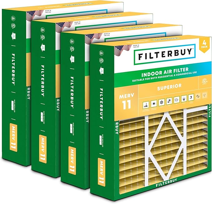 Filterbuy 20x25x5 Air Filter MERV 11 Superior Pet & Allergy Defense (4-Pack), Pleated HVAC AC Furnace Filters for Amana, Coleman, Goodman, Maytag, York, and More (Actual Size: 20.19 x 25.31 x 5.25)