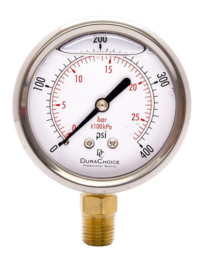 2-1/2" Oil Filled Pressure Gauge - Stainless Steel Case, Brass, 1/4" NPT, Lower Mount Connection, 0-400PSI