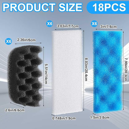 18 Pcs Aquarium Filters Bio Sponge Sets Compatible with Fluval 206/207 Aquarium Filters Including Blue White Black Biological Sponge Foam for Replacement Filter Media Kit