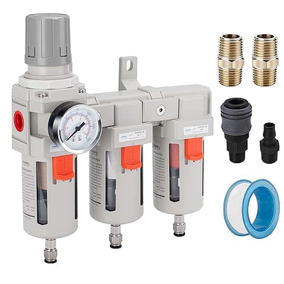 NANPU Three Stage Air Drying System - 5 Micron Particulate Filter, 0.5＆0.01 Micron Coalescing Filters, Air Pressure Regulator Combo - 0-150 psi Gauge, Semi-Auto Drain, Metal Bracket (1/2" NPT)
