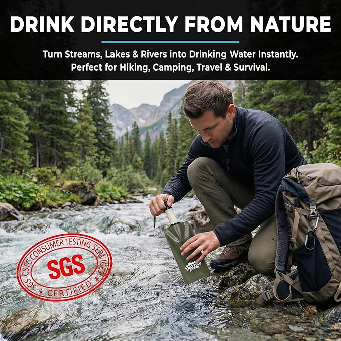 Tactiko Survival 20oz/600ml Purifying Water Bottle Filter Kit - Filter 265 Gal. Water from Rivers, Lakes & Streams - SGS Certified - UF Membrane, Activated Carbon - Camping, Hiking, Emergency (Green)