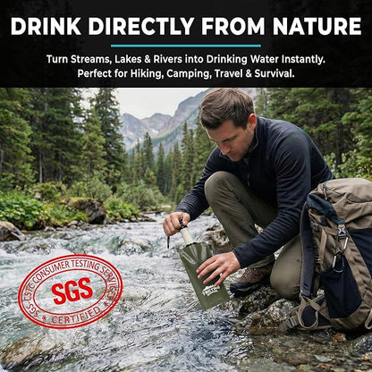 Tactiko Survival 20oz/600ml Purifying Water Bottle Filter Kit - Filter 265 Gal. Water from Rivers, Lakes & Streams - SGS Certified - UF Membrane, Activated Carbon - Camping, Hiking, Emergency (Green)