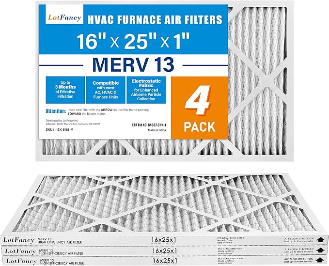 LotFancy 16x25x1 Air Filter MERV 13 4-Pack, Electrostatic Pleated HVAC Furnace Air Filter, Captures Pet Dander Smog Smoke, Actual Size: 15.75"x24.75"x0.75"
