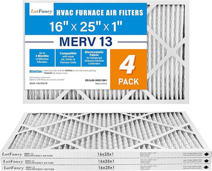 LotFancy 16x25x1 Air Filter MERV 13 4-Pack, Electrostatic Pleated HVAC Furnace Air Filter, Captures Pet Dander Smog Smoke, Actual Size: 15.75"x24.75"x0.75"