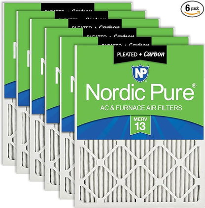 Nordic Pure 25x25x1 (Actual Size: 24 1/2 x 24 1/2 x 3/4) Pleated Air Filters MERV 13 Plus Carbon 6 Pack