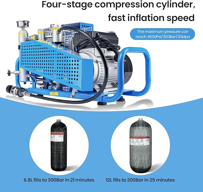 TUXING 4500Psi PCP Air Compressor | 300Bar High Pressure Diving Compressor | Auto Stop | 3.5CFM100L/min Air Flow | Scuba Breathing Snorkeling Water Sport Paintball 110V 60HZ Single-phase (TXESB042)