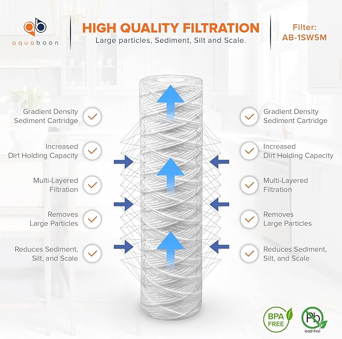 Aquaboon Whole House 5 Micron 10 x 2.5 String Wound Sediment Water Filter Cartridge Replacement Compatible with Well Water Filter WHKF-WHSW, 50-Pack