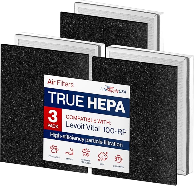 Vital 100-RF True HEPA Filter Set Compatible with LEVOIT Vital 100 Air Purifier Hepa + Activated Carbon Pre-Filter Replacement by LifeSupplyUSA (3-Pack)