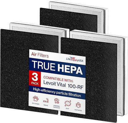 Vital 100-RF True HEPA Filter Set Compatible with LEVOIT Vital 100 Air Purifier Hepa + Activated Carbon Pre-Filter Replacement by LifeSupplyUSA (3-Pack)