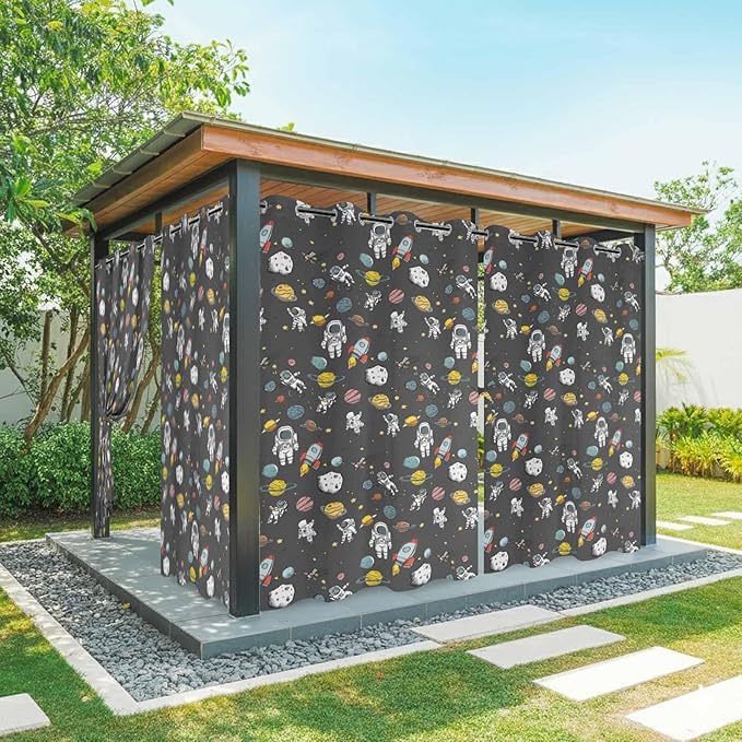 Cartoon Space Outdoor Curtains for Patio Rockets Planets Astronauts Gray Waterproof Outside Curtains with Grommet Top Weatherproof Curtain for Cabana Pergola Gazebo, 1 Panel, 54" W x 95" L