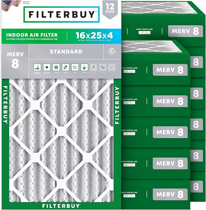 Filterbuy 16x25x4 Air Filter MERV 8 Essential Dust & Allergy Defense (12-Pack), Electrostatic Pleated HVAC AC Furnace Filters Replacement, Made in USA (Actual Size: 15.50 x 24.50 x 3.63)