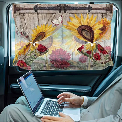 Sunflowers Magnetic Double Layer Car Window Shades,Side Window Curtains for Blackout/Breathable Mesh View,Retro Flower Barn Doors Butterfly Farmhouse Brown Heat Protection Sun Shades 26x20in 2pcs