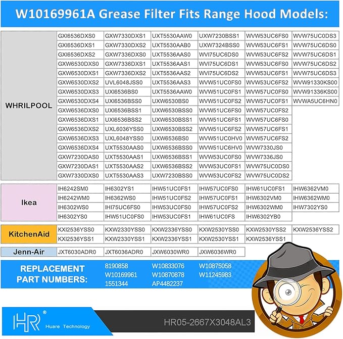 Updated W10169961A Range Hood Filter, Stove Vent Filter, Fits Whirlpool, Ikea, Kitchen Aid, Jenn Air, Aluminum Mesh Range Hood Grease Filters 10.5x12Inch, Hood Filters for Kitchen 2PCS
