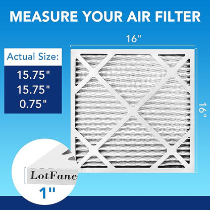 LotFancy 16x16x1 Air Filter MERV 13 6-Pack, Electrostatic Pleated HVAC Furnace Air Filter, Captures Pet Dander Smog Smoke, Actual Size: 15.75"x15.75"x0.75"