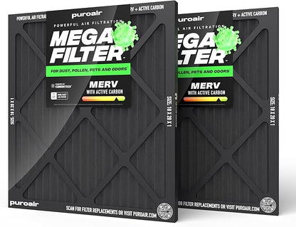 PuroAir MegaFilter - 18x20x1 Air Filter MERV 13 Activated CarbonTech Defense - Heavy Duty 3 Layer Furnace Filters Allergens, Pollen, Dust, Pet Dander, Smoke, Odors - HVAC Air Filter 18x20x1 (2-Pack)