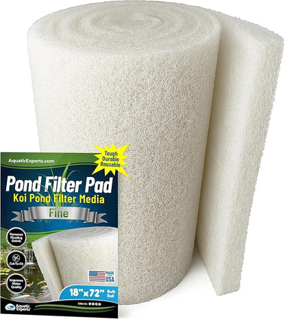 Aquatic Experts Classic Koi Pond Filter Pad FINE - White Bulk Roll Pond Filter Media, Ultra-Durable Pond Filters for Outdoor Ponds, Reusable Fish Pond Filter Material, USA, (3/4" - 1" x 18" x 72")