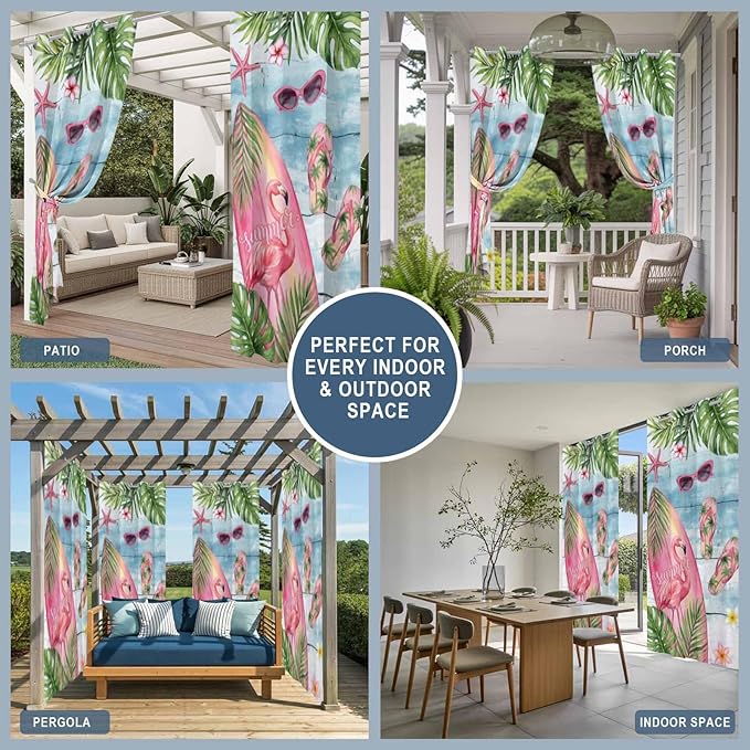Summer Flamingbirds Outdoor Curtains for Patio Palm Leaves Plumeria Wood Waterproof Outside Curtains with Grommet Top Weatherproof Curtain for Cabana Pergola Gazebo, 1 Panel, 54" W x 108" L
