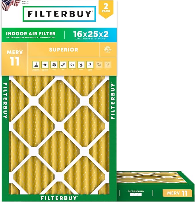Filterbuy 16x25x2 Air Filter MERV 11 Superior Pet & Allergy Defense (2-Pack), Electrostatic Pleated HVAC AC Furnace Filters Replacement, Made in USA (Actual Size: 15.50 x 24.50 x 1.75)