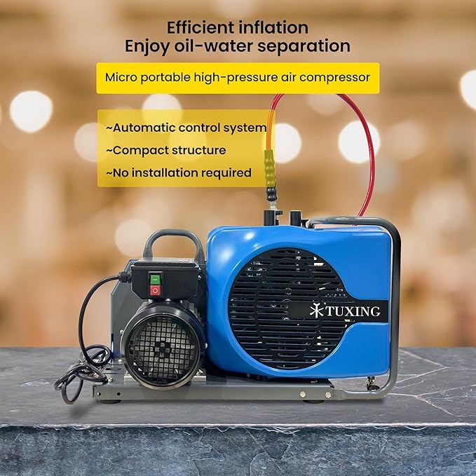 TUXING 4500Psi 300Bar High Pressure Diving Compressor,PCP Air Compressor,Auto Stop,3.5CFM100L/min Air Flow for Scuba Breathing Snorkeling Water Sport Paintball 110V 60HZ Single-phase (TXEDM043)
