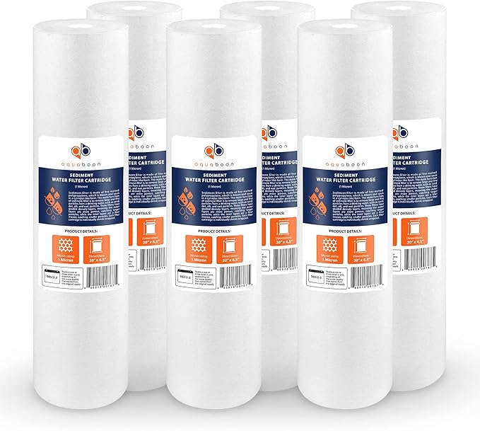 Aquaboon 1 Micron 20 x 4.5 Sediment Water Filter Replacement Cartridge | Whole House Sediment Filtration | Compatible with AP810-2, SDC-45-2005, FPMB5-20, P5-20, FP25B, 155358-43, 6 Pack