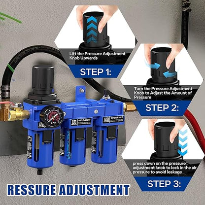 NEWPO 1/2'' NPT Compressed Air Filter Regulator Lubricator Combo with Pressure Gauge,Brass Filter and Desiccant Dryers,Semi-Auto Drain, Metal Bracket-Blue