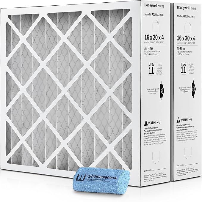 16x20x4 Air Filter Replacement MERV 11, FC100A1003 Pleated HVAC AC Furnace Filters with Wholesalehome Cleaning Cloth, 2-Pack (Actual Size: 15.94 x 19.75 x 4.38 Inches)