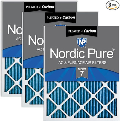 Nordic Pure 20x30x1 (Actual Size: 19 5/8 x 29 5/8 x 3/4) Pleated Air Filters MERV 7 Plus Carbon 3 Pack